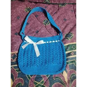 Hand Made crochet shoulder bag Blue With Little Coin Purse Zipper Closure